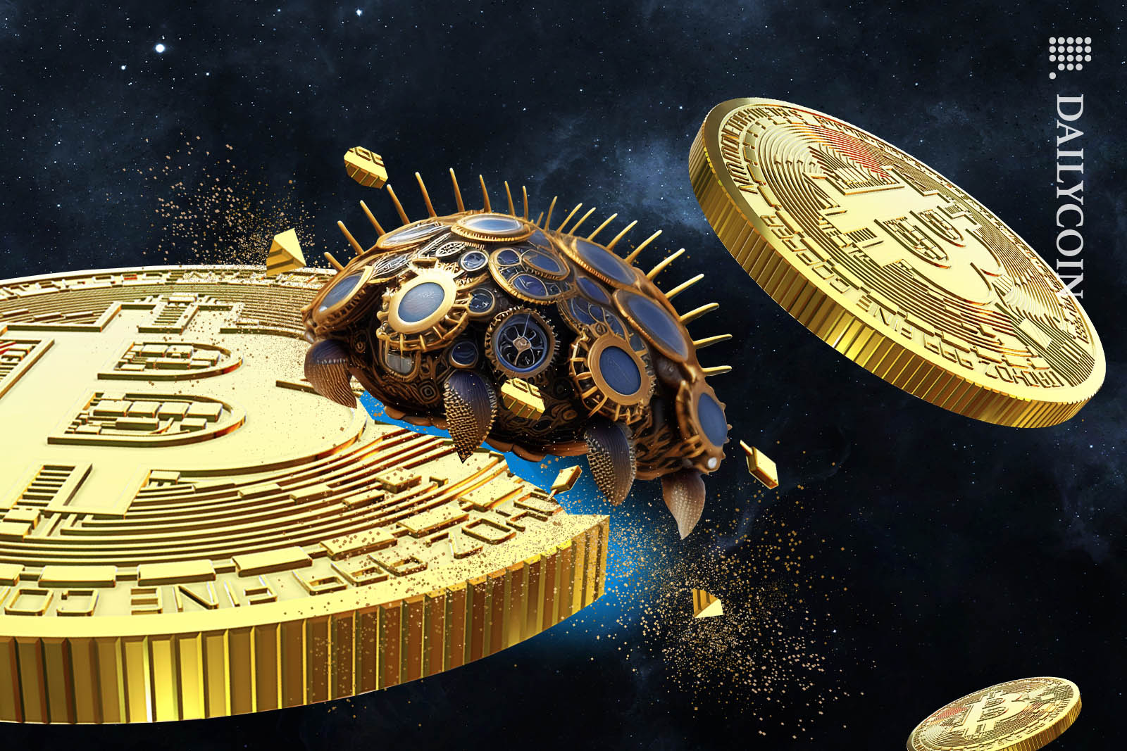 A bitcoin virus eating a bitcoin whilst floating in space surrounded by other Bitcoins.