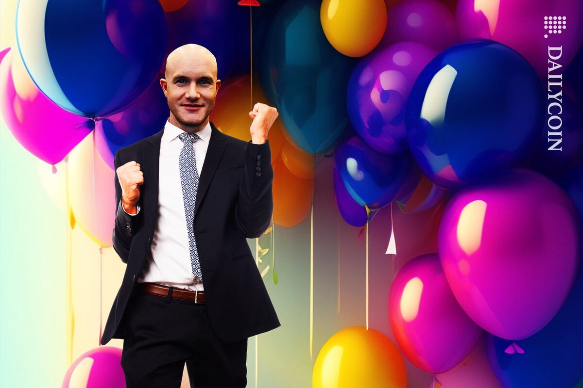 Brian Armstrong Celebrates a Coinbase victory with lots of balloons.