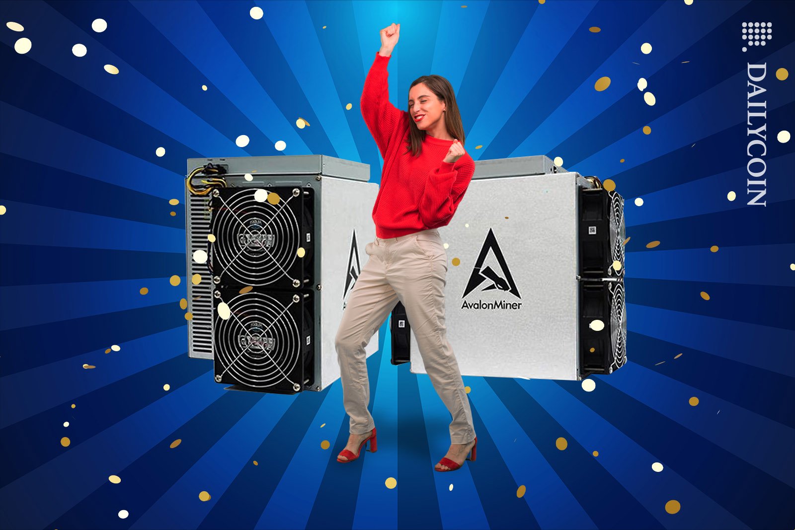 Happy woman celebrating the launch of a new bitcoin mining product.