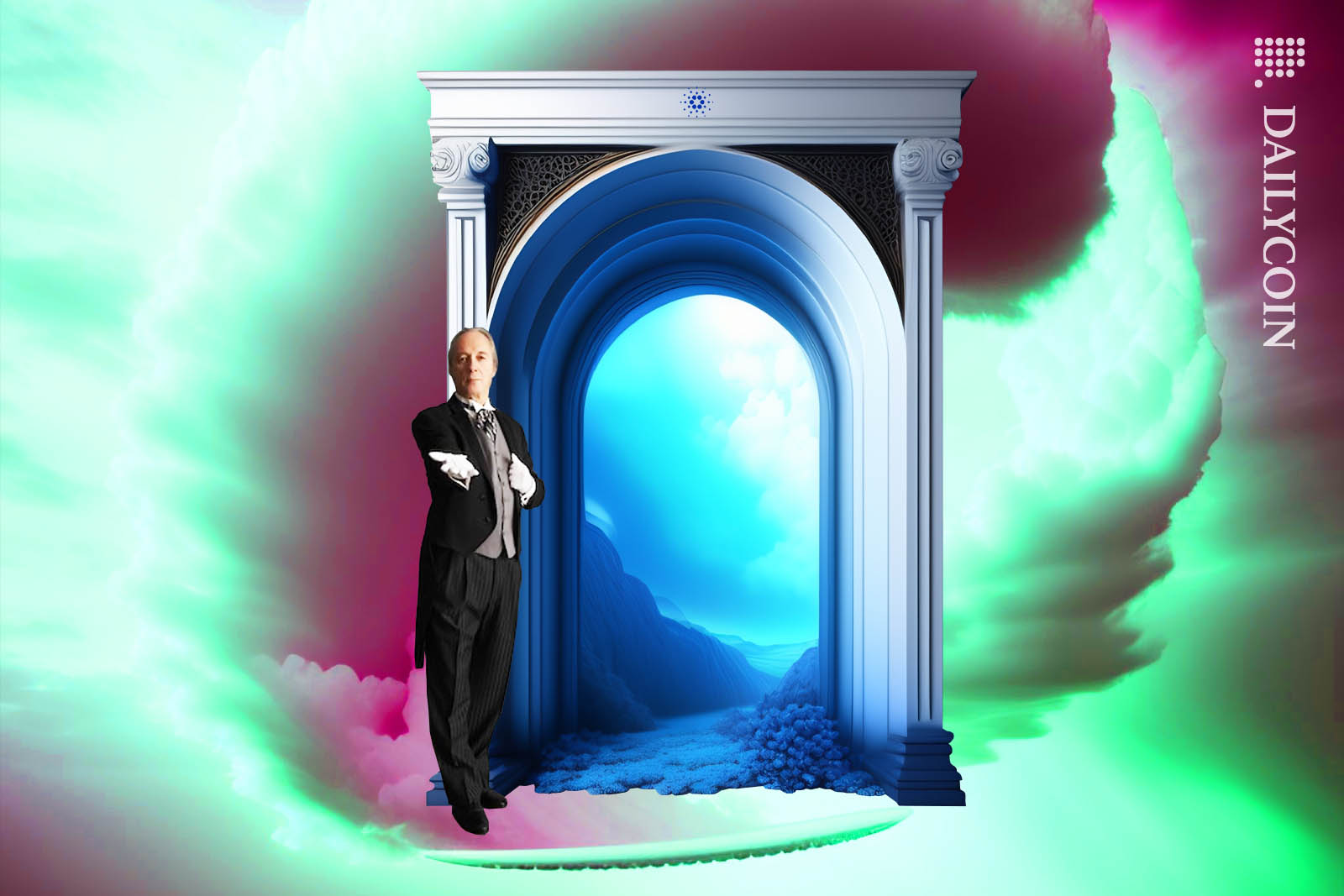 Butler welcoming people through a Cardano branded door, surrounded by clouds.