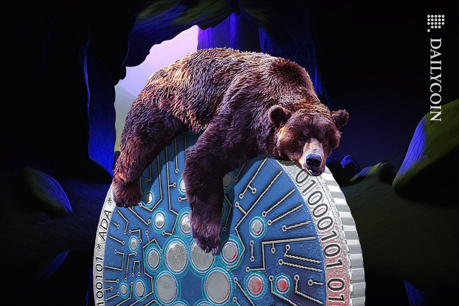 Bear looking tired resting on top of a Cardano coin in front of his cave.