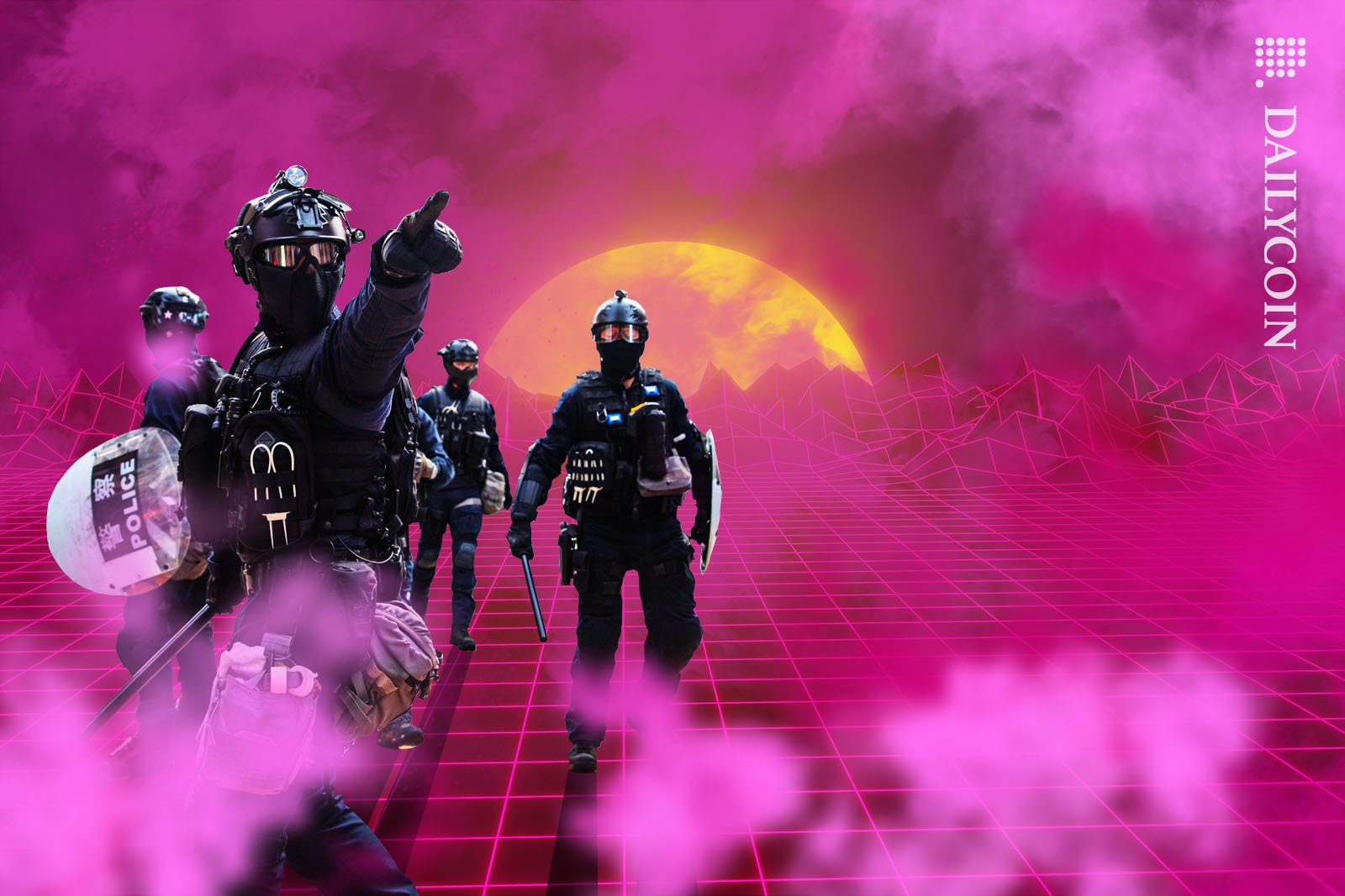 Chinese riot police raiding the metaverse surrounded by pink smoke.