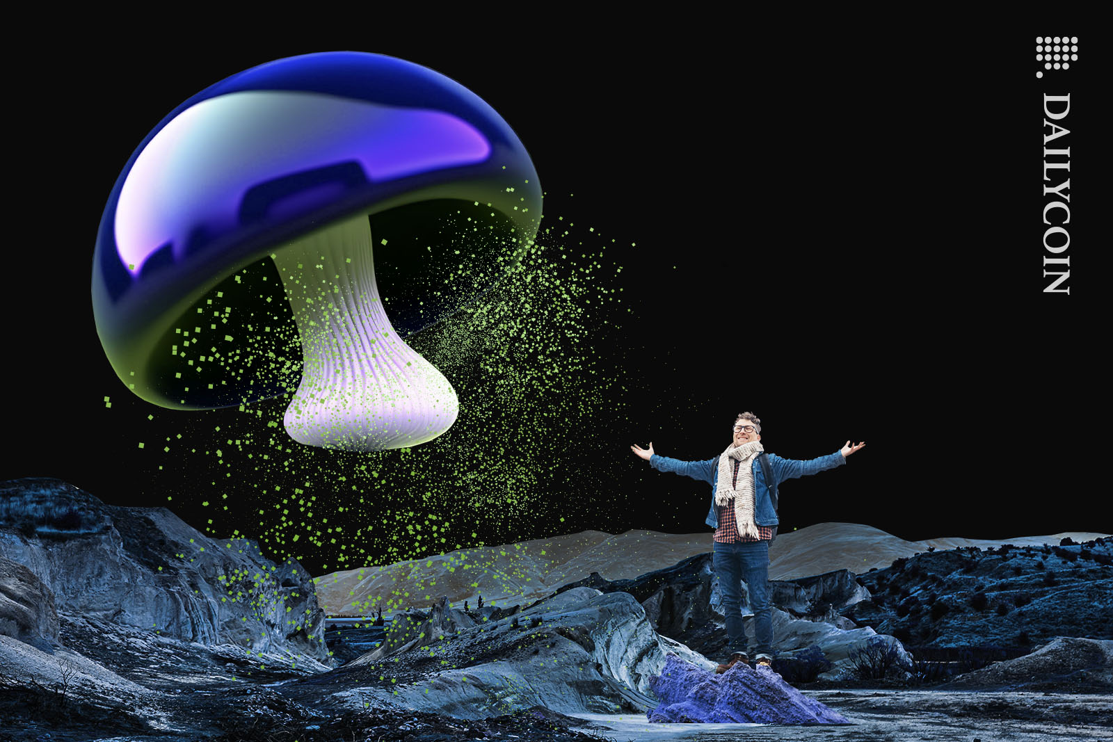 Large blue mushroom floating above ground releasing hundreds of green spores.