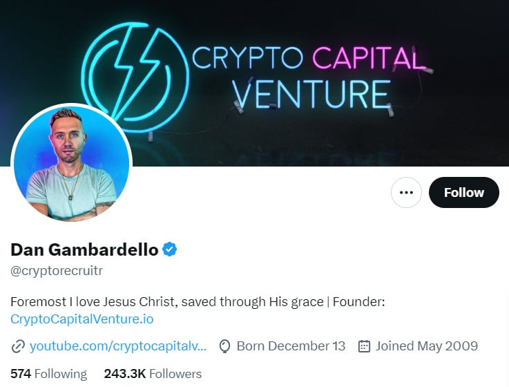 Dan Gambardello Cardano influencer X account. 