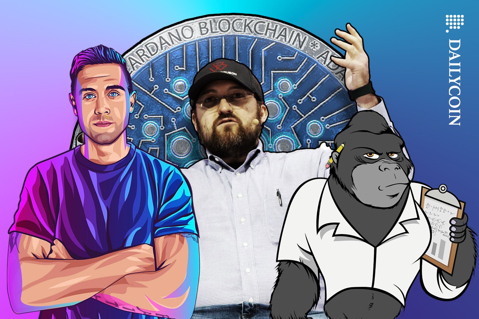 Cardano coin, Charles Hoskinson, Ada Ape and Dan Gambardello.