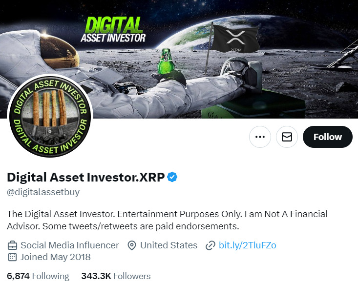 Ripple influencer Digital Asset Investor X profile. 
