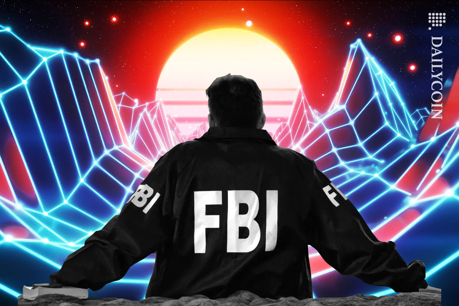FBI agent looking at a digital landscape.