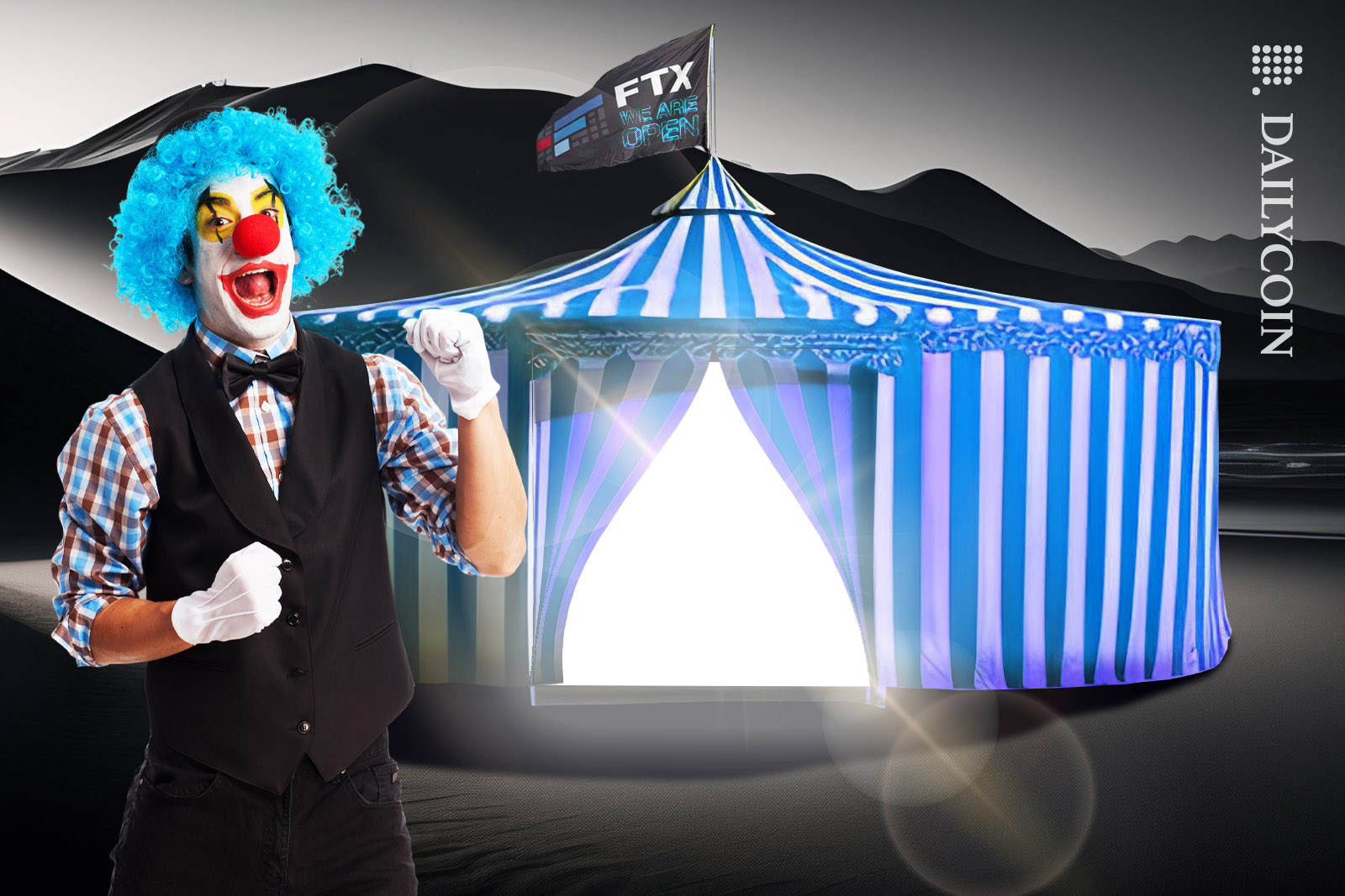 A blue haired clown advertising that the FTX circus is open again.