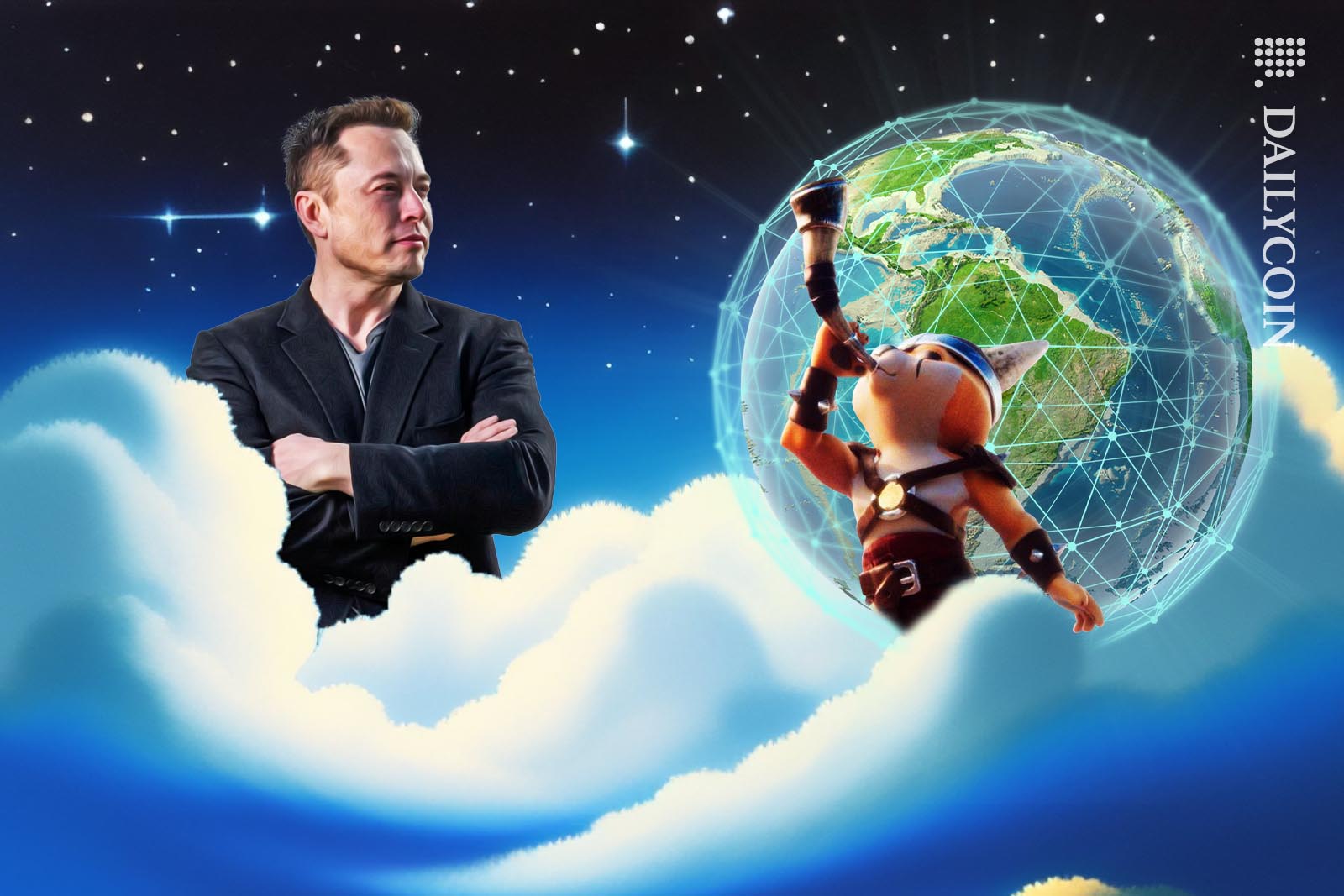 Elon Musk looking at a Floki dog blowing a horn trumpet infront of a digital earth in the clouds.