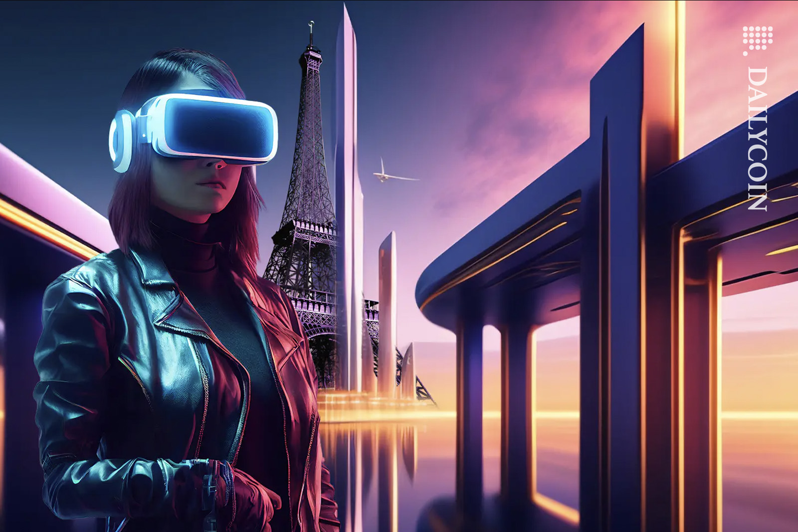 Woman wearing VR glasses standing in front of a futuristic Paris.
