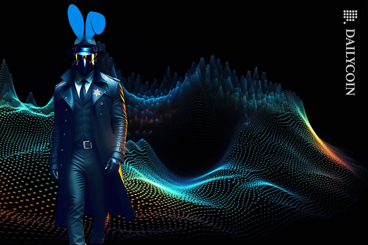 A futuristic looking decective wearing blue bunny ears approaching the camera.