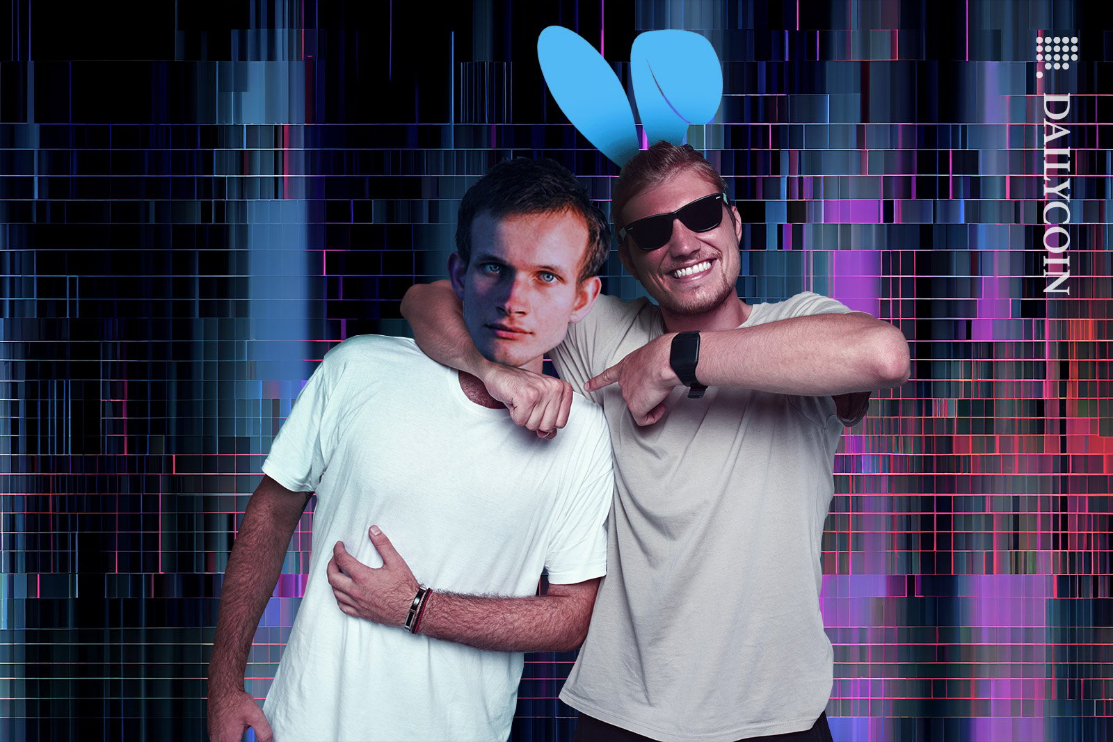 Vitalik Buterin appears to be uncomfortable as a very excited man clings on him.