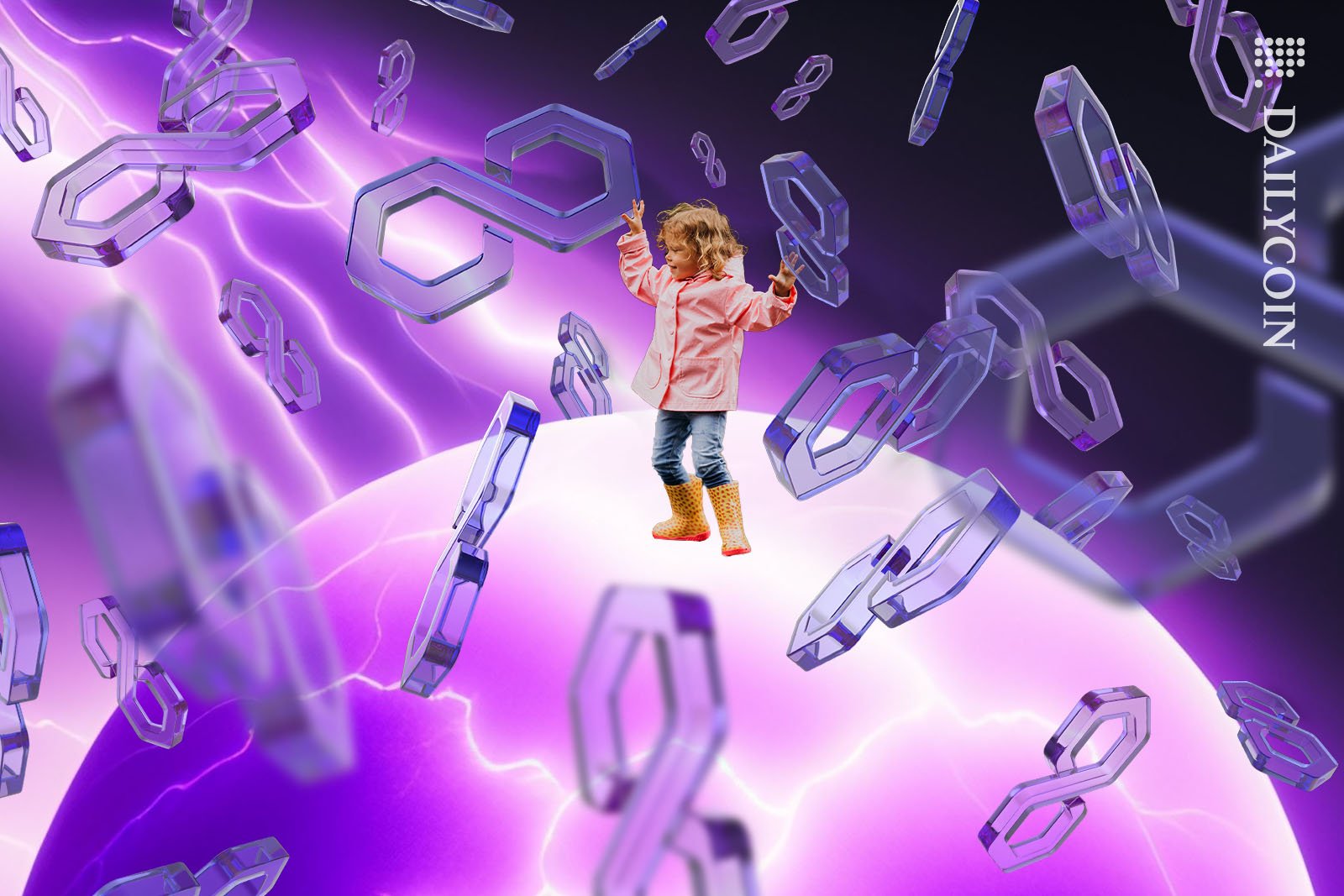 Little girl enjoying hundreds of pretty purple Polygon logos falling from the sky.