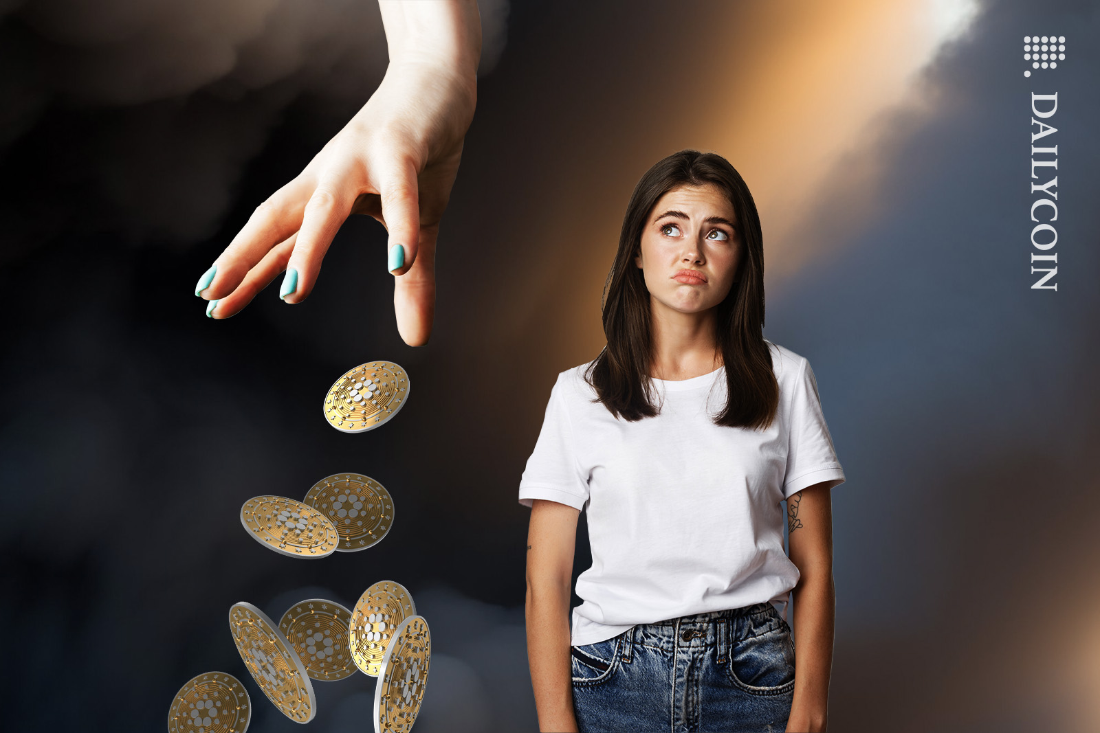 Girl looking sad at a large hand from the sky dumping Cardano coins.