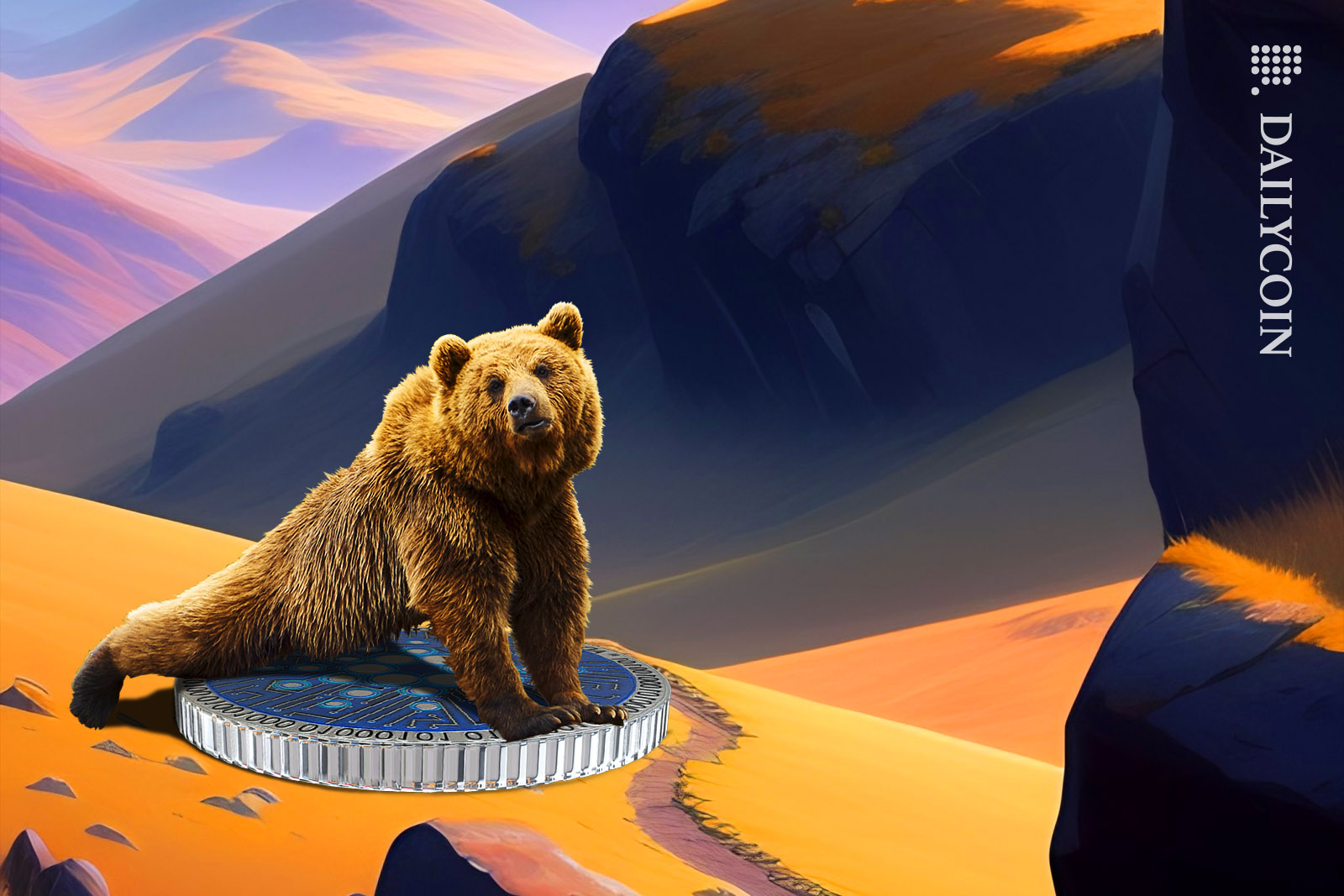 Big grizzly bear on top of a cardano coin in a beautyful mountain range.
