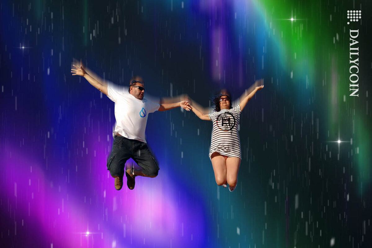 A couple holding hands falling together in an infinite digital space.
