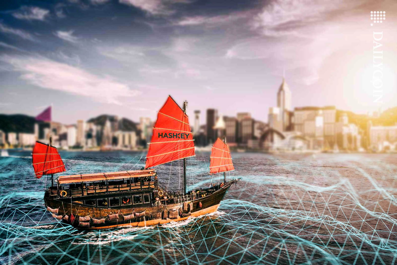 A traditional Chinese boat sailing in the waters of Hong Kong with a Hashkey logo on the sail.