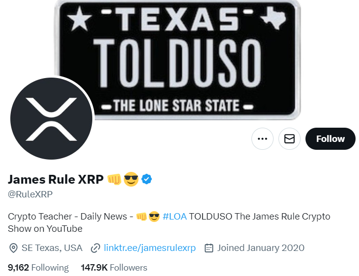 JamesRuleXRP ripple influencer X profile. 