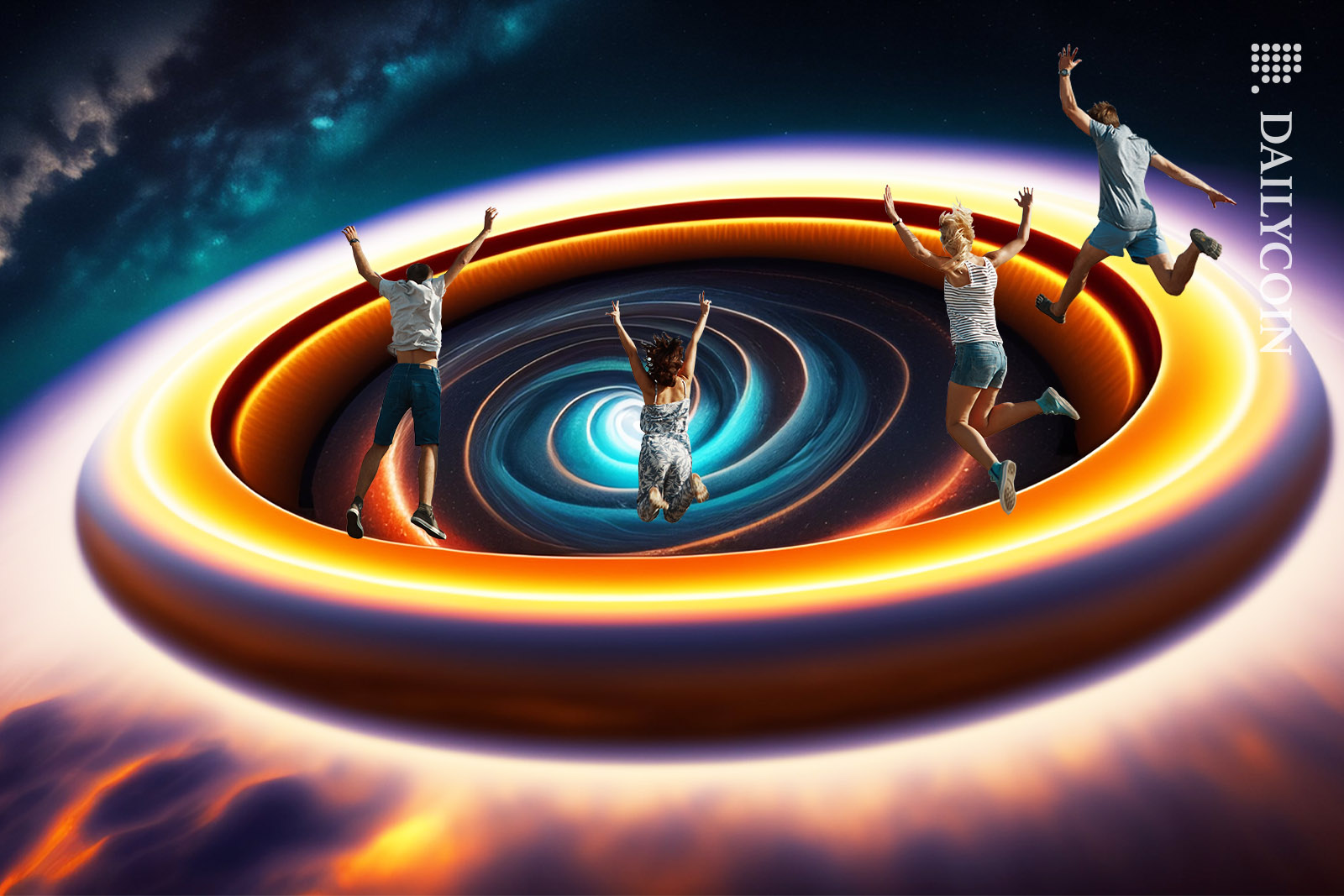 People jumping into a wormhole in space.