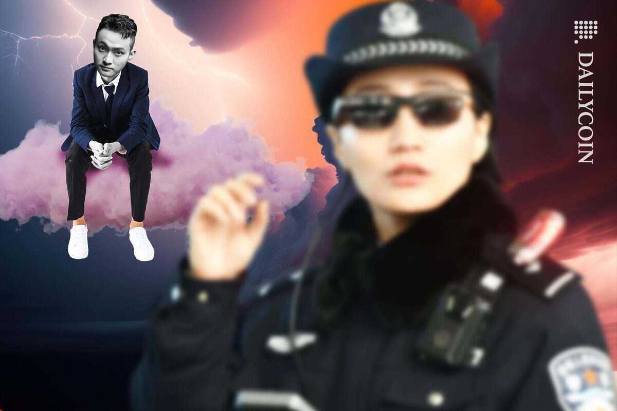 Justin Sun sitting on a pink cloud, hoping that the police officer in the forground won't notice him.