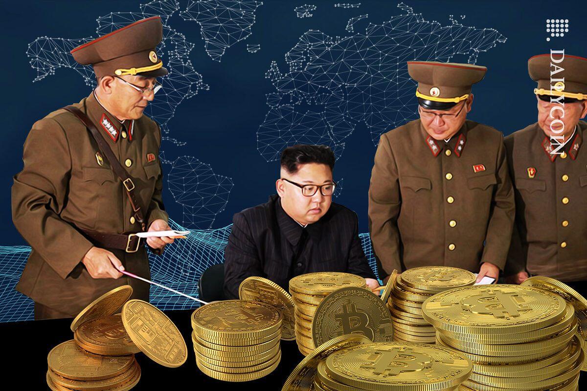 Kim Jong Un appears to be confused as looking at a large stash of Bitcoins with his admirals.