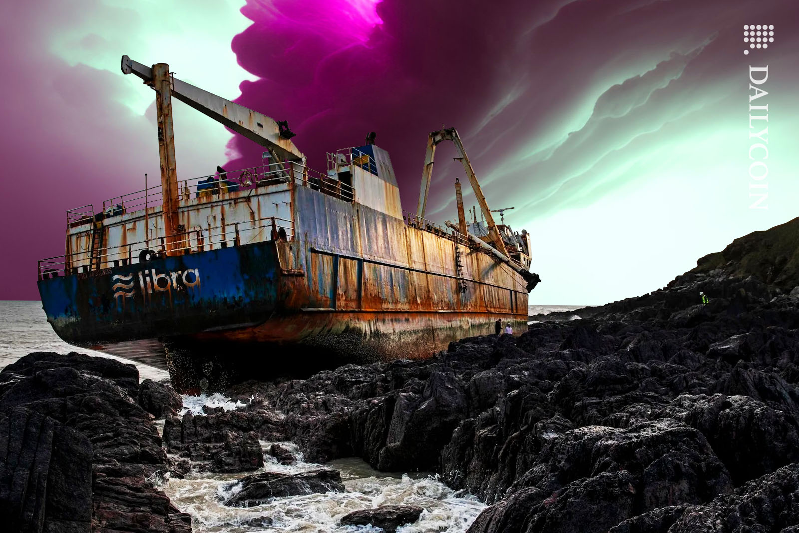 A ship called Libra abandoned, rusting away on the coast.