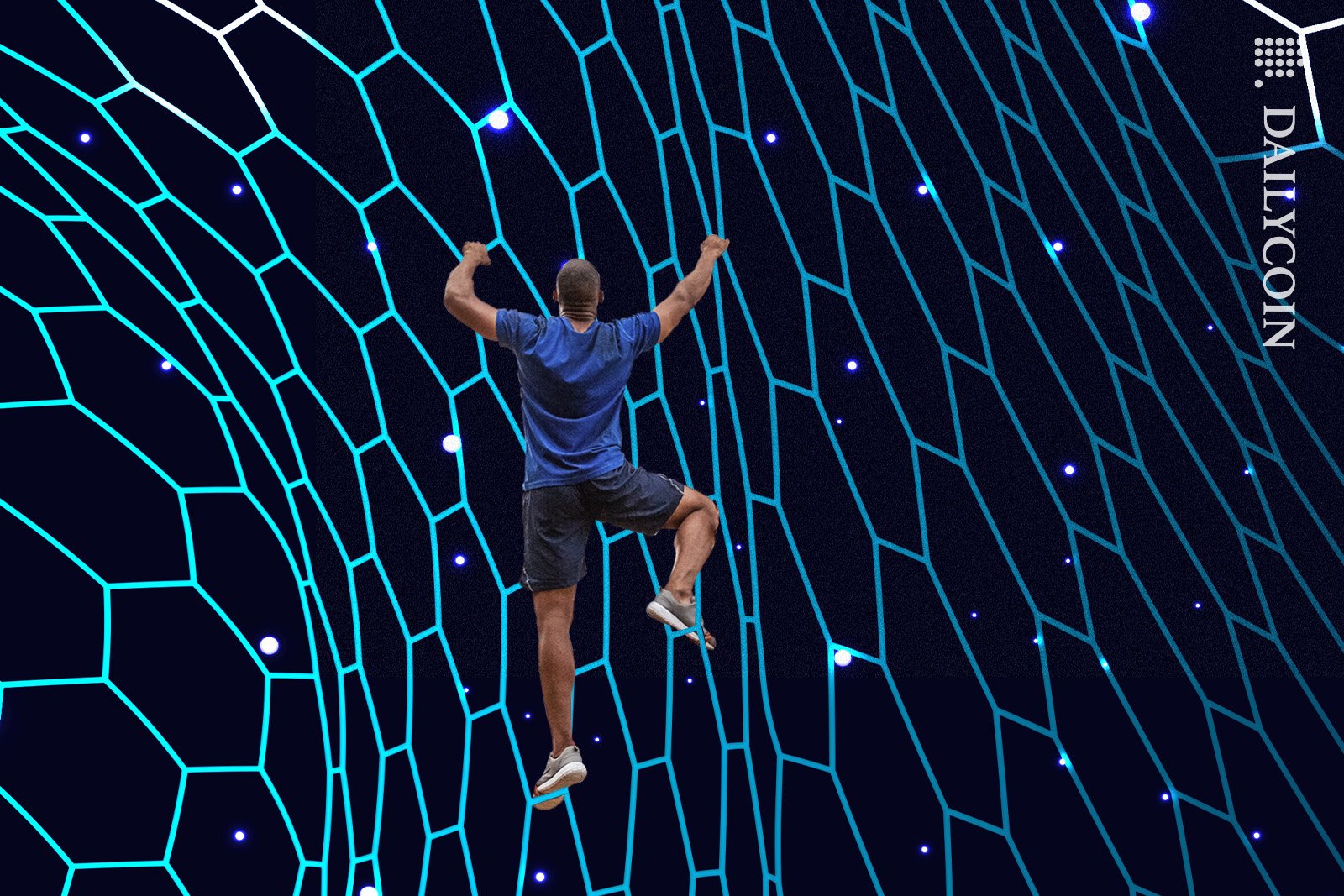 Man climbing up an endless digital net.