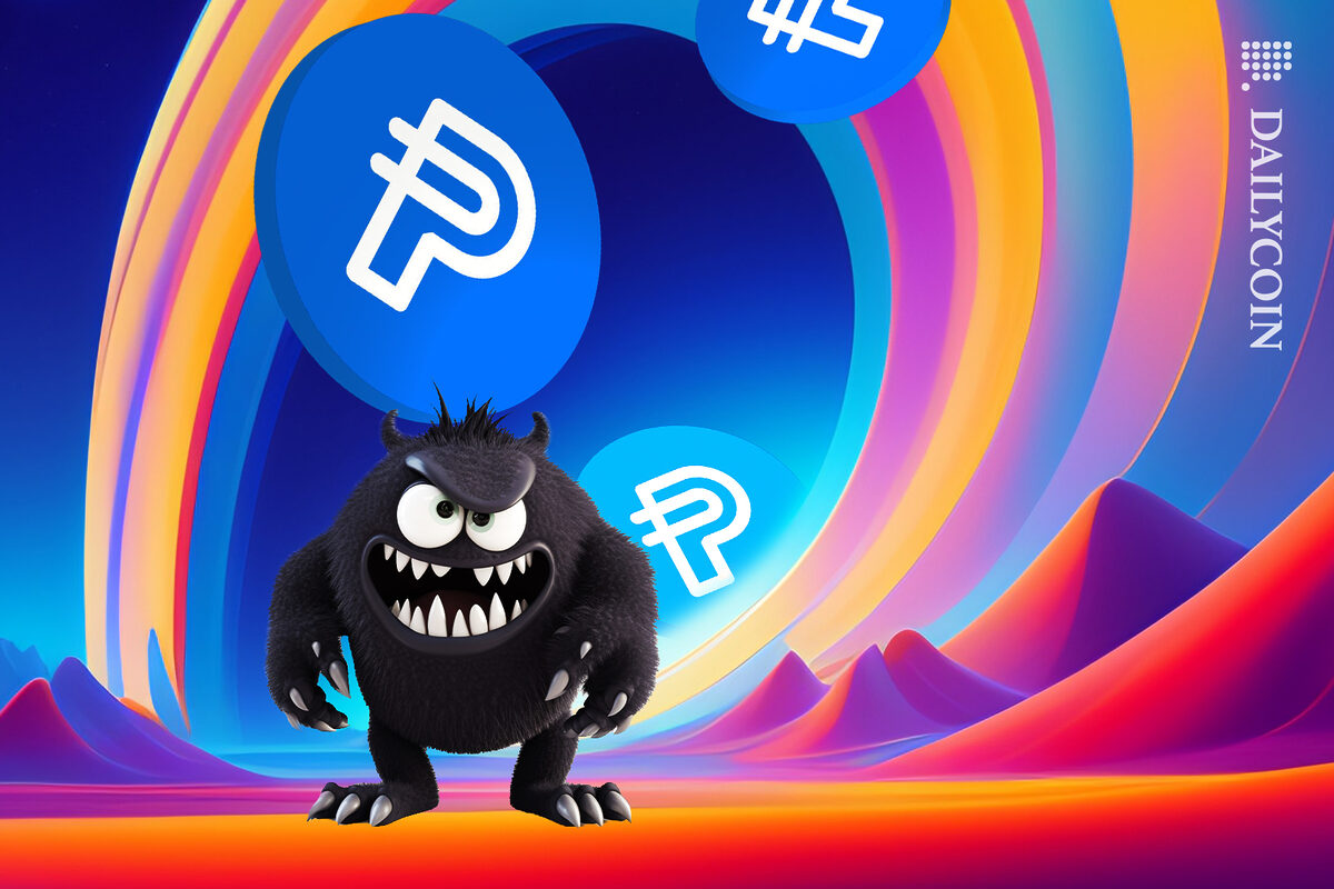 PYUSD coins coming out of a rainbow , a little dark monster is waiting at the end.