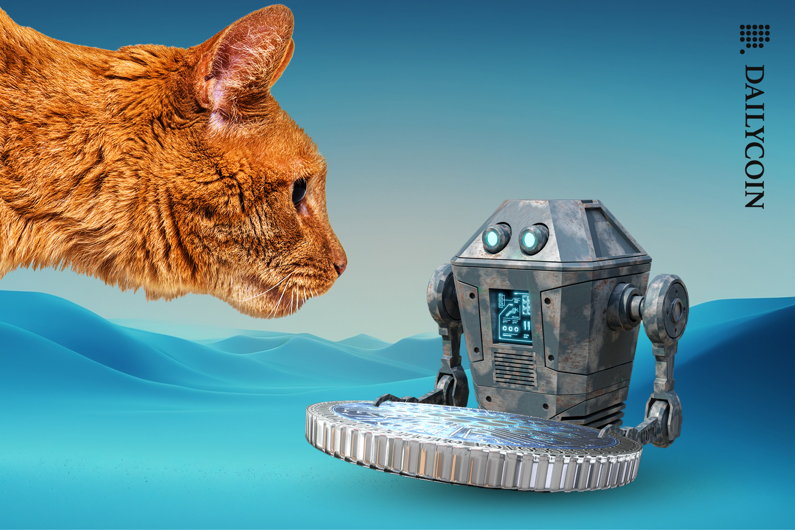 A cat looking at the robot developing Cardano.