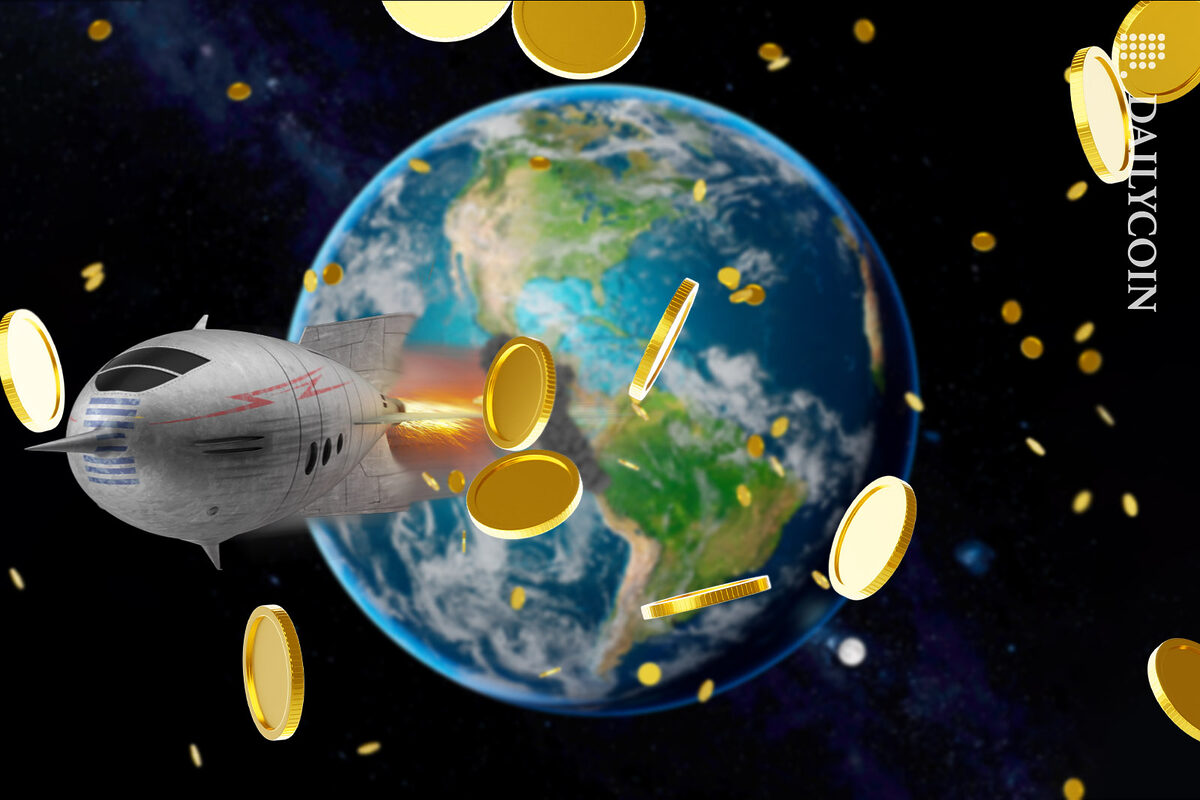 Rocket leaving Earth surrounded by golden coins floating around.