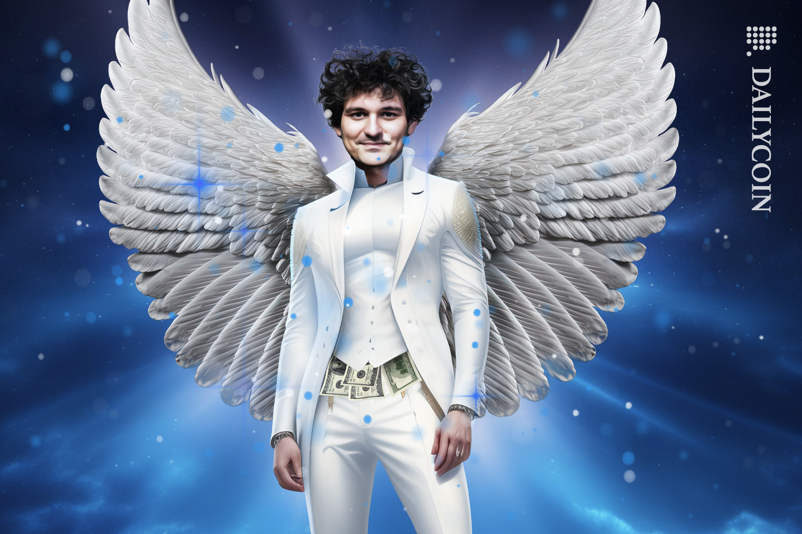 Sam Bankman Fried in a white suit and angel wings pretending to be a saint.