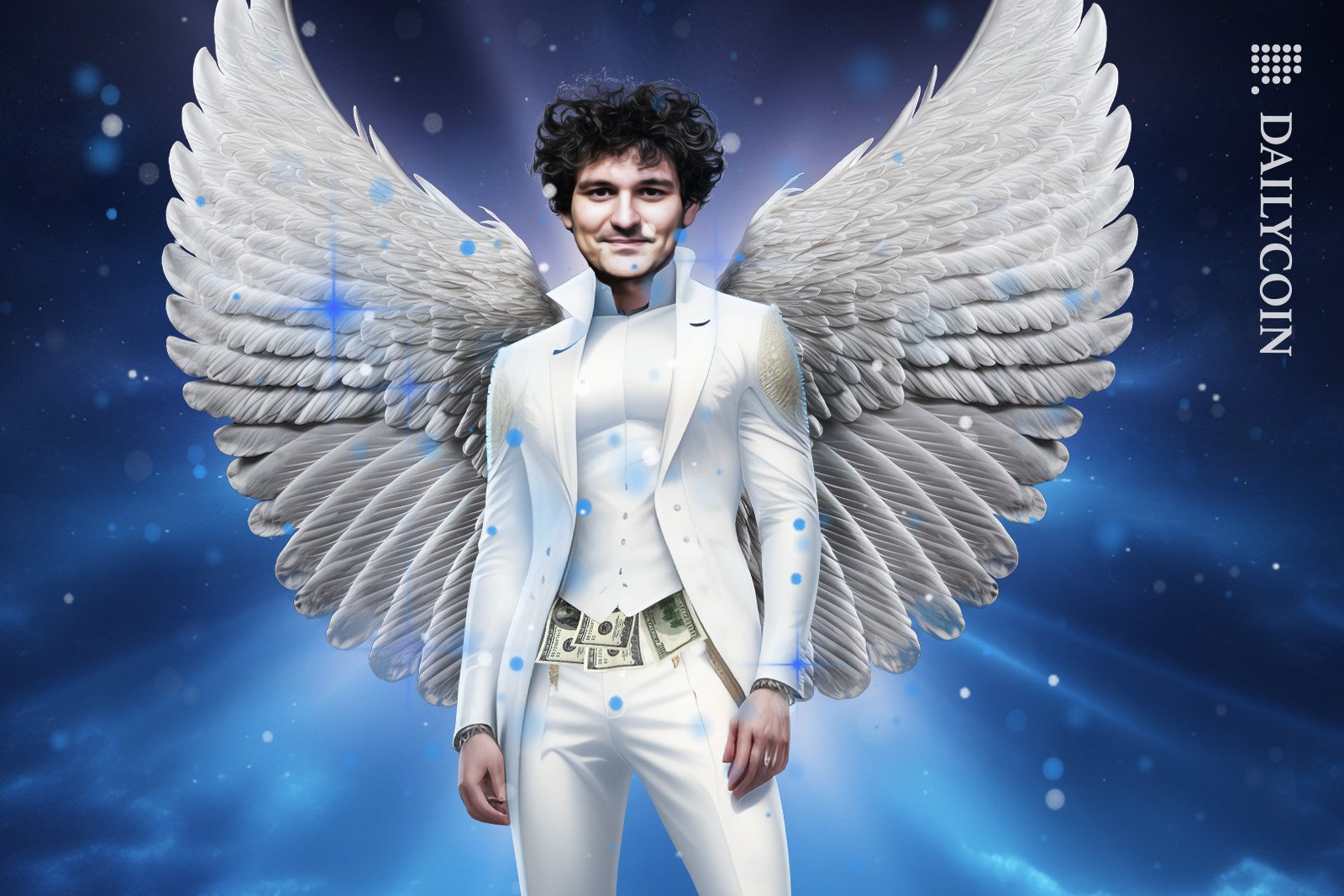 Sam Bankman Fried in a white suit and angel wings pretending to be a saint.