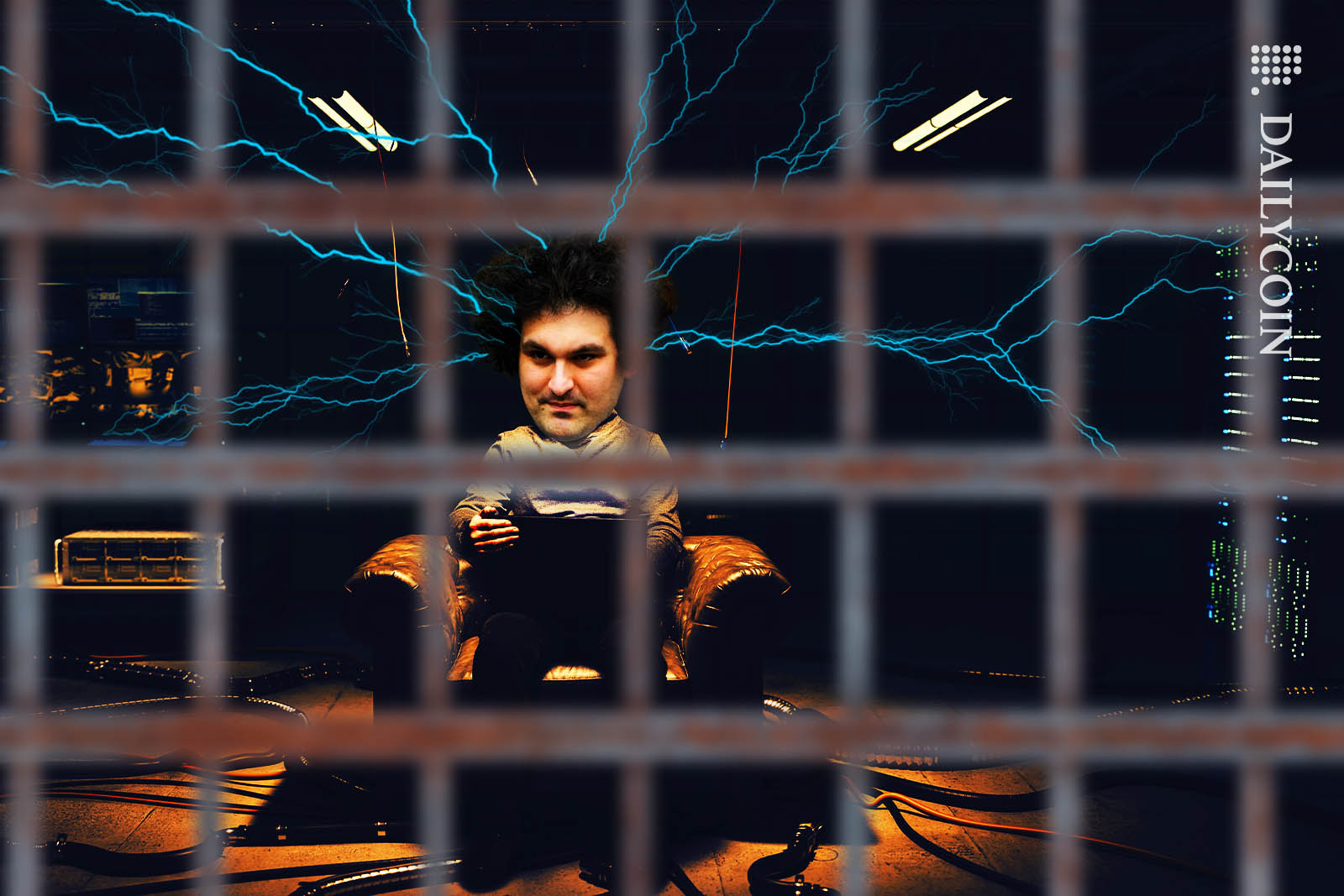 Sam Bankman Fried doing some crypto related monkey business with his computer in a prison cell.