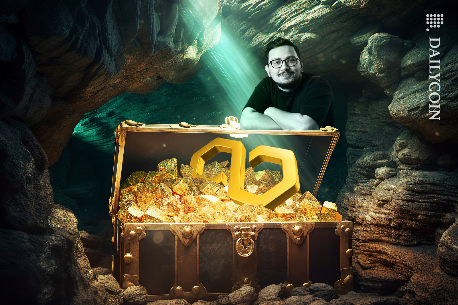 Sandeep Nailwal next to a giant treasure box that has a gold Polygon inside with little gold nuggets.