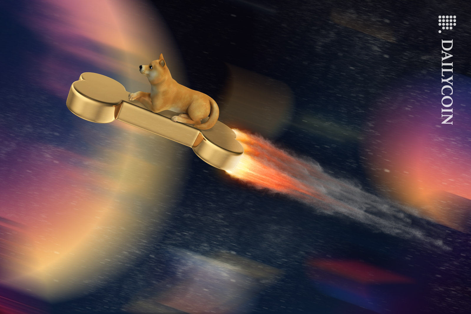 Shiba Inu riding a golden bone with high speed in space.