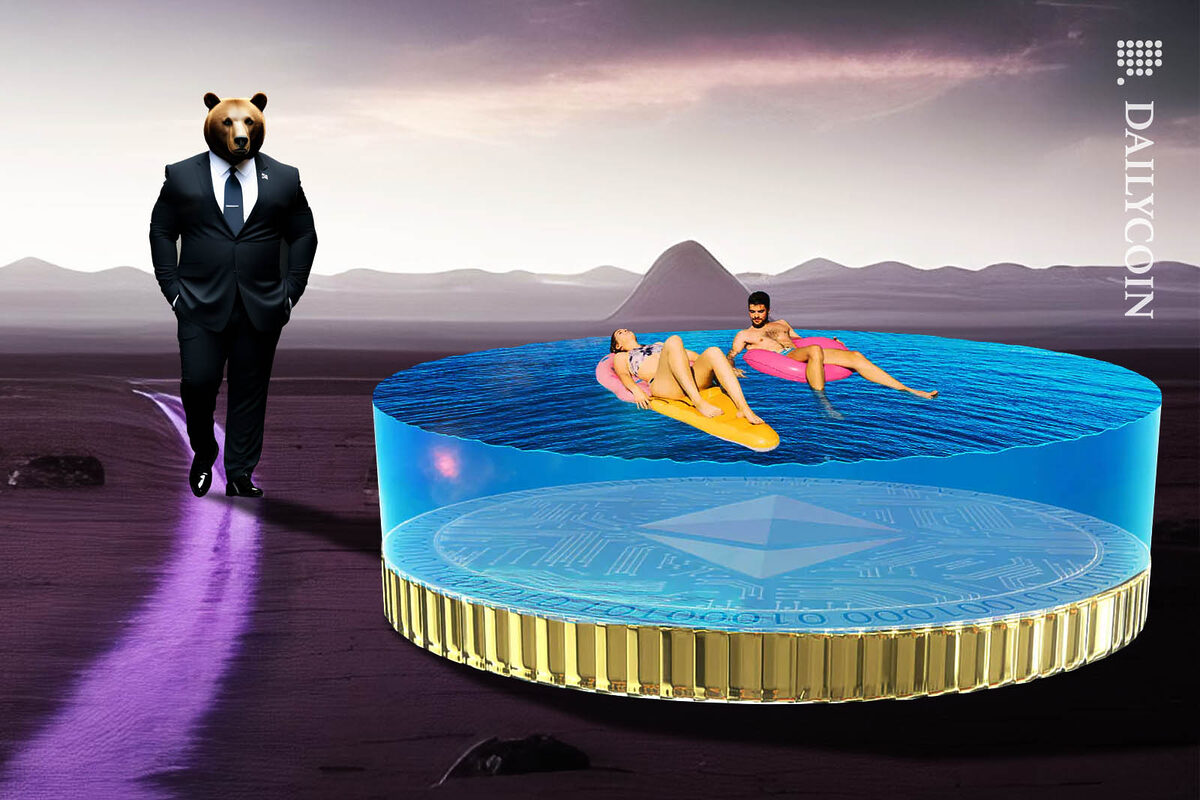 A bear in a black tax man suit approaching a couple chilling in their stake pool.