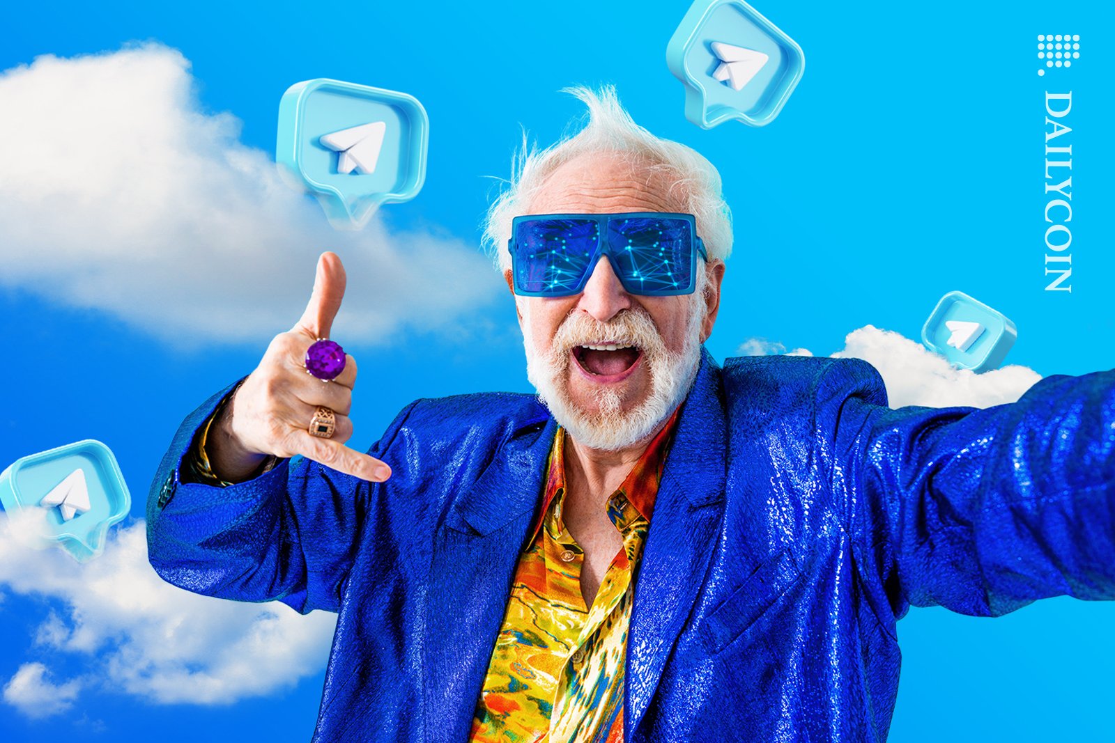 Older man in the skies with telegram, seeing DEFI.