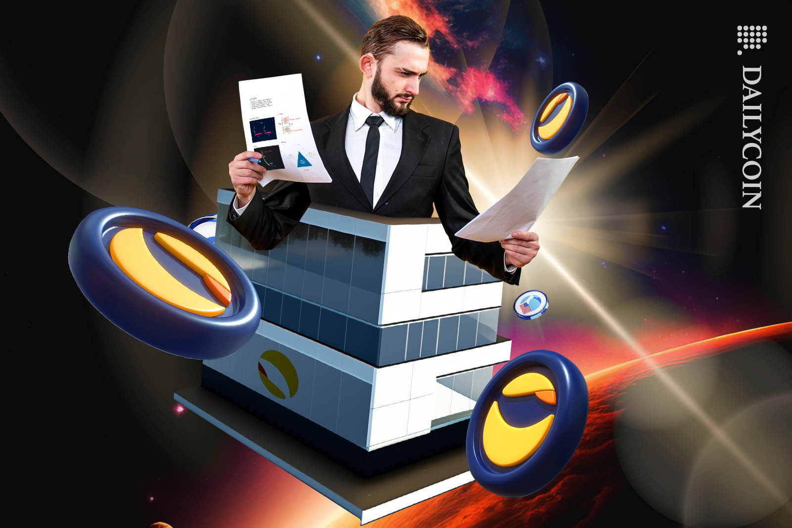 Man in suit emerging from an upside down house in space, reading a bunch of documents.