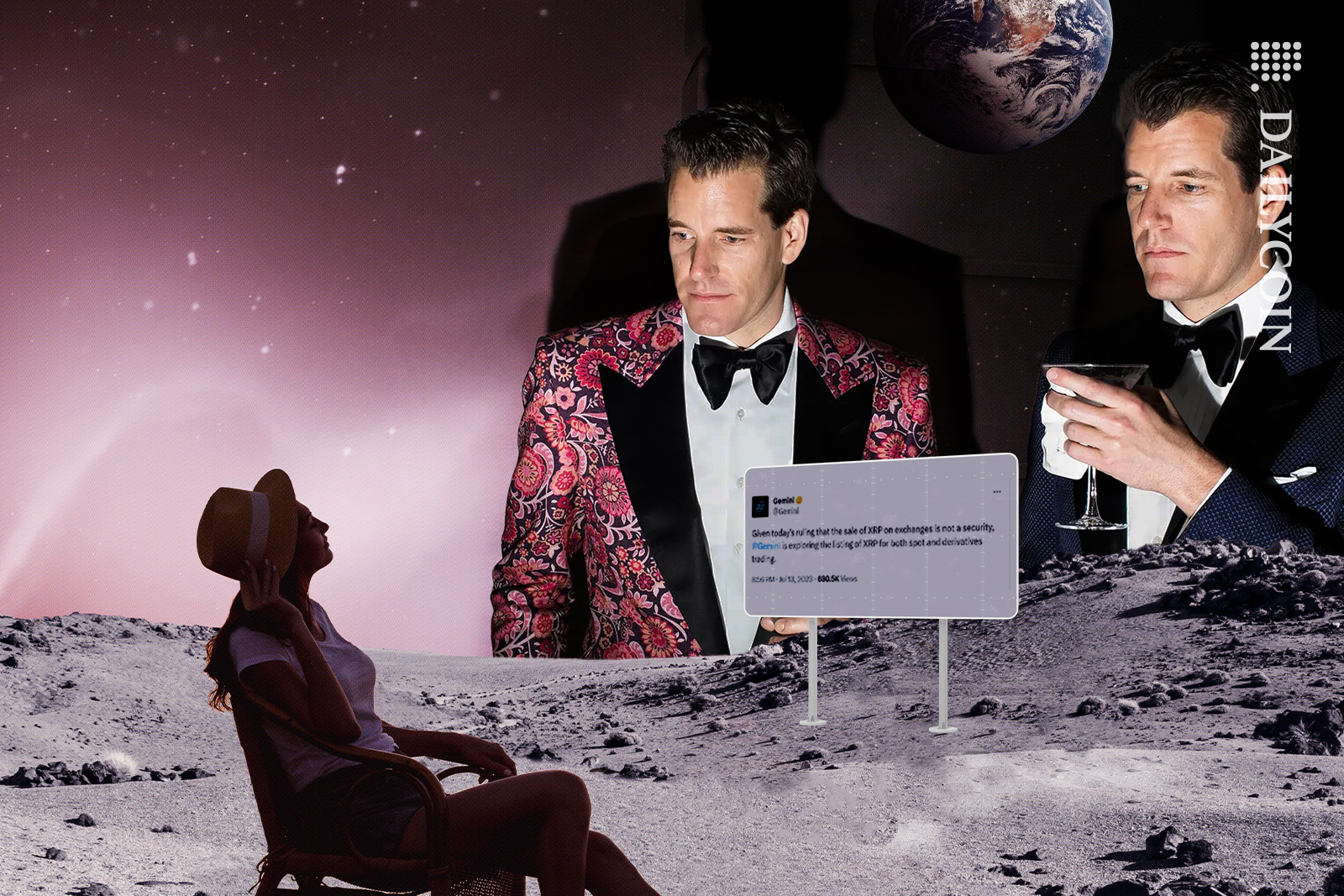 Winklevoss twins looking at the lady looking at the sign of their Twitter status.