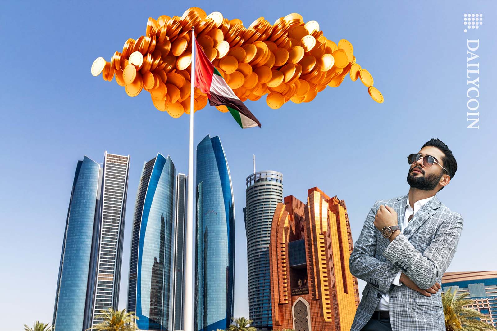 Turkish man admiring a large cloud made out of coins above a UAE city.