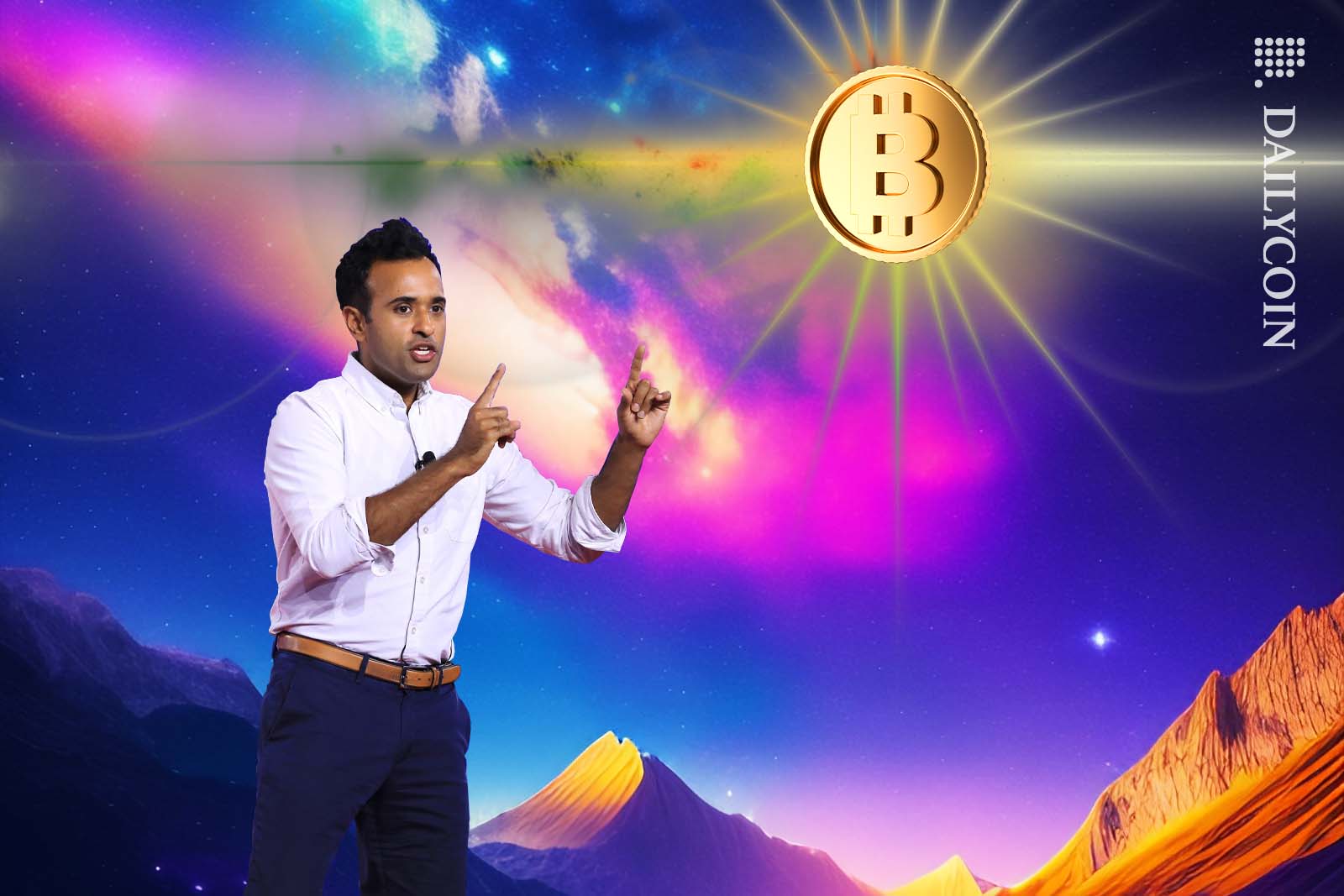 Vivek Ramaswamy pointing at a stary with a bright and shiny bitcoin on it.