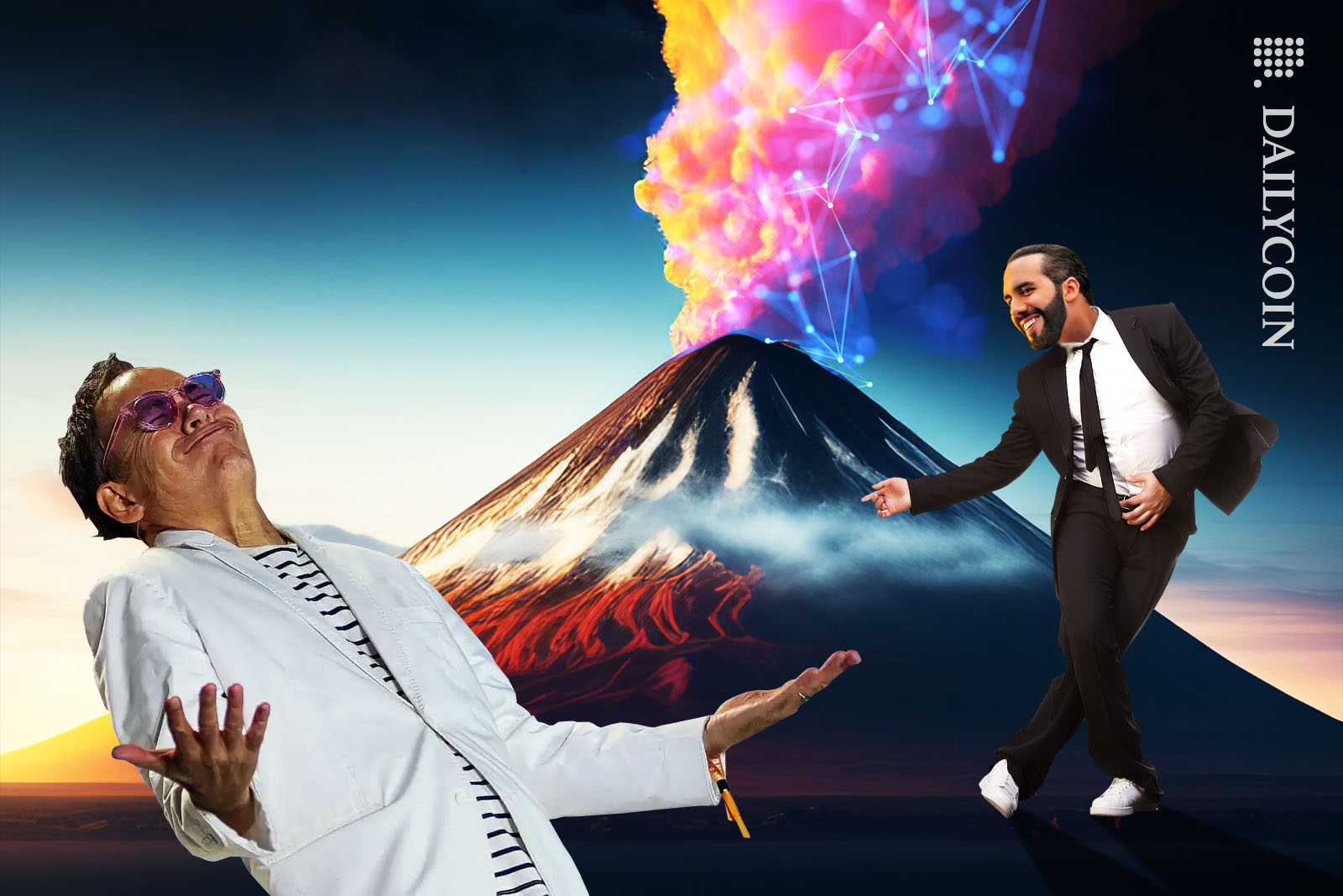 Max Kaiser and Nayib Bukele are super excited, dancing around a smoking volcano.