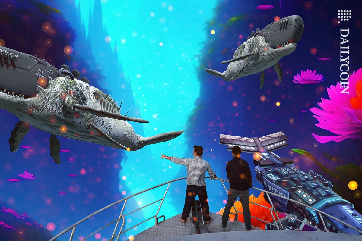 Two men on the deck of a boat pointing at whales in an alien environment.