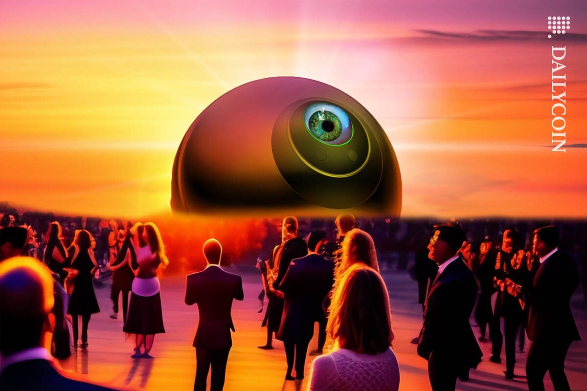 A huge Worldcoin orb rising with the sun as a crowd gathers to greet it.