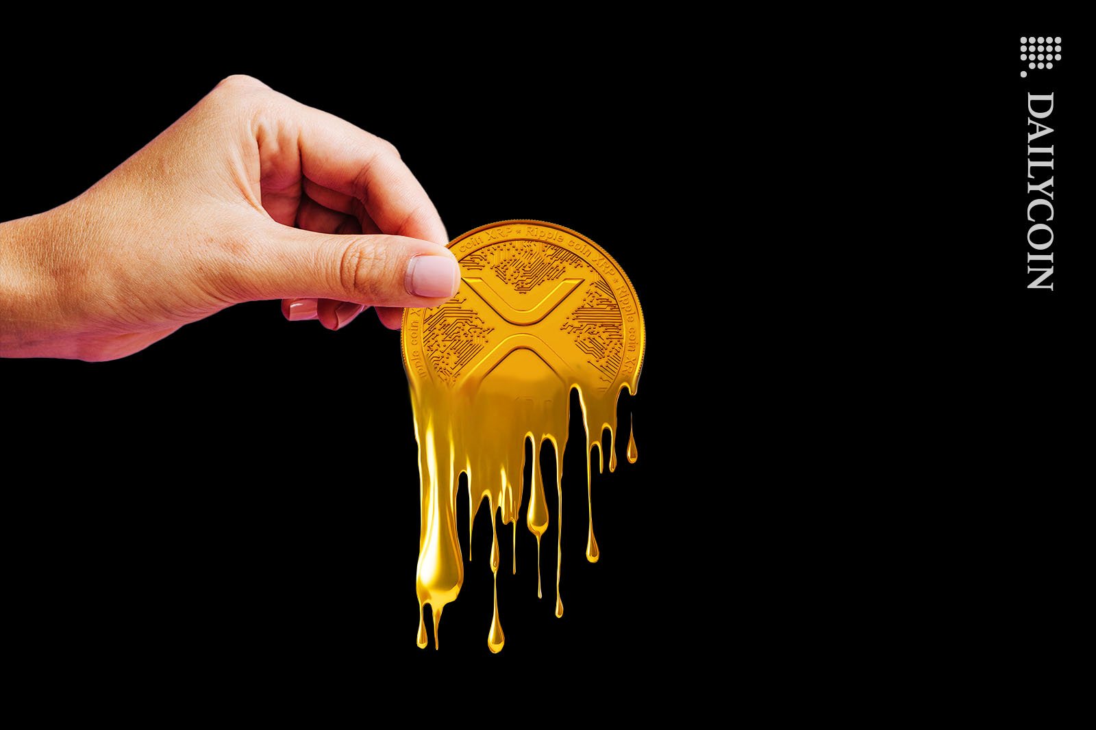 A hand holding a melting XRP coin.