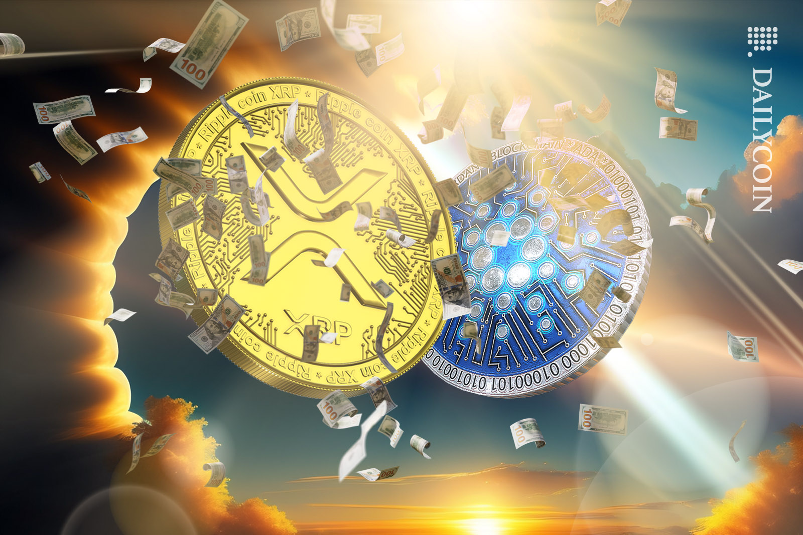 Money raining on a Cardano and an XRP coin in heavenly clouds.