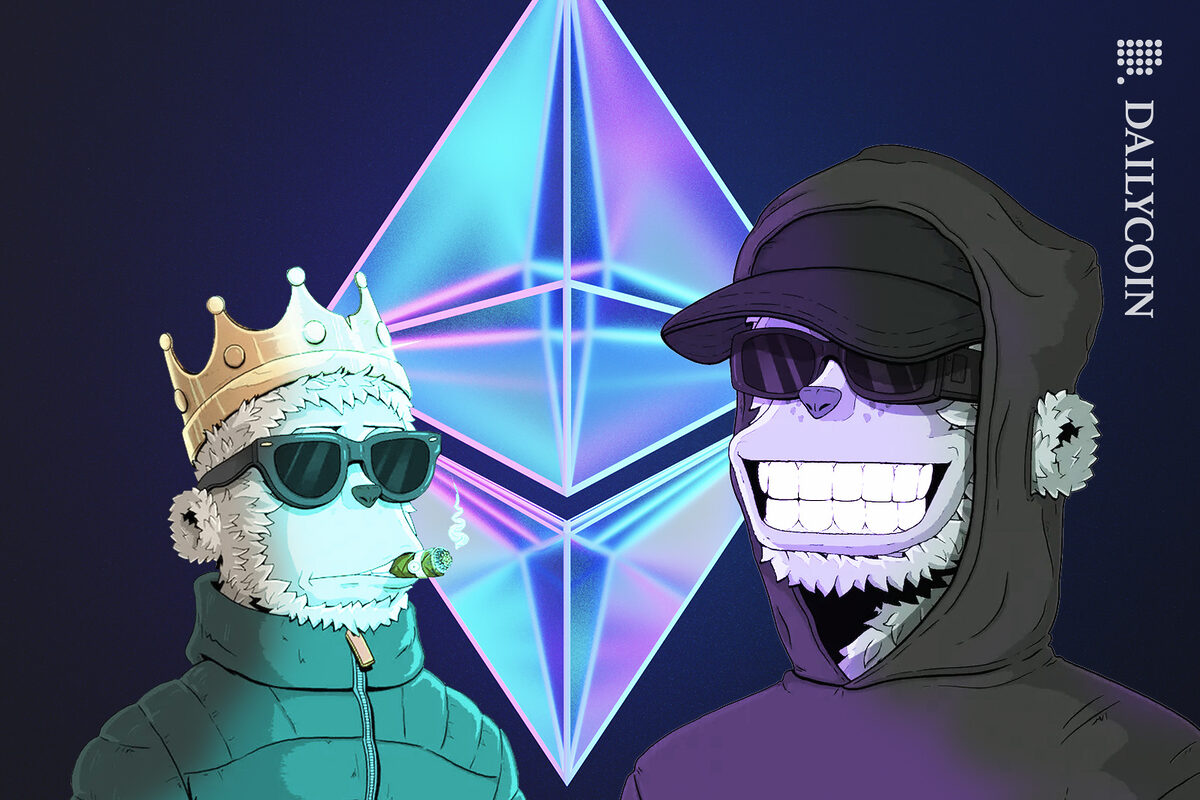 Two y00ts posing infront of a large neon Ethereum logo.