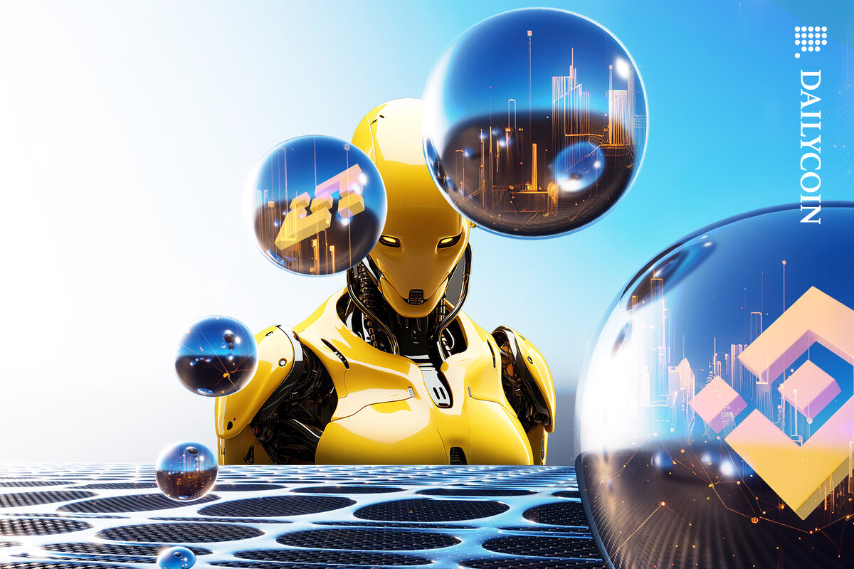 Binance robot looking at the future fortune balls.