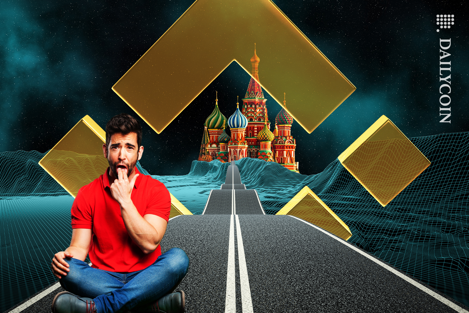 Man sitting next to the entrance of Binance to the road leading to Kremlin, showing vomit gesture.