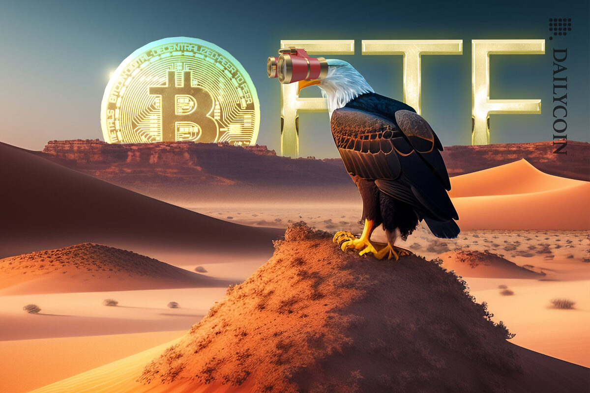 Eagle looking around with binoculars, Bitcoin ETF glowing in the background.